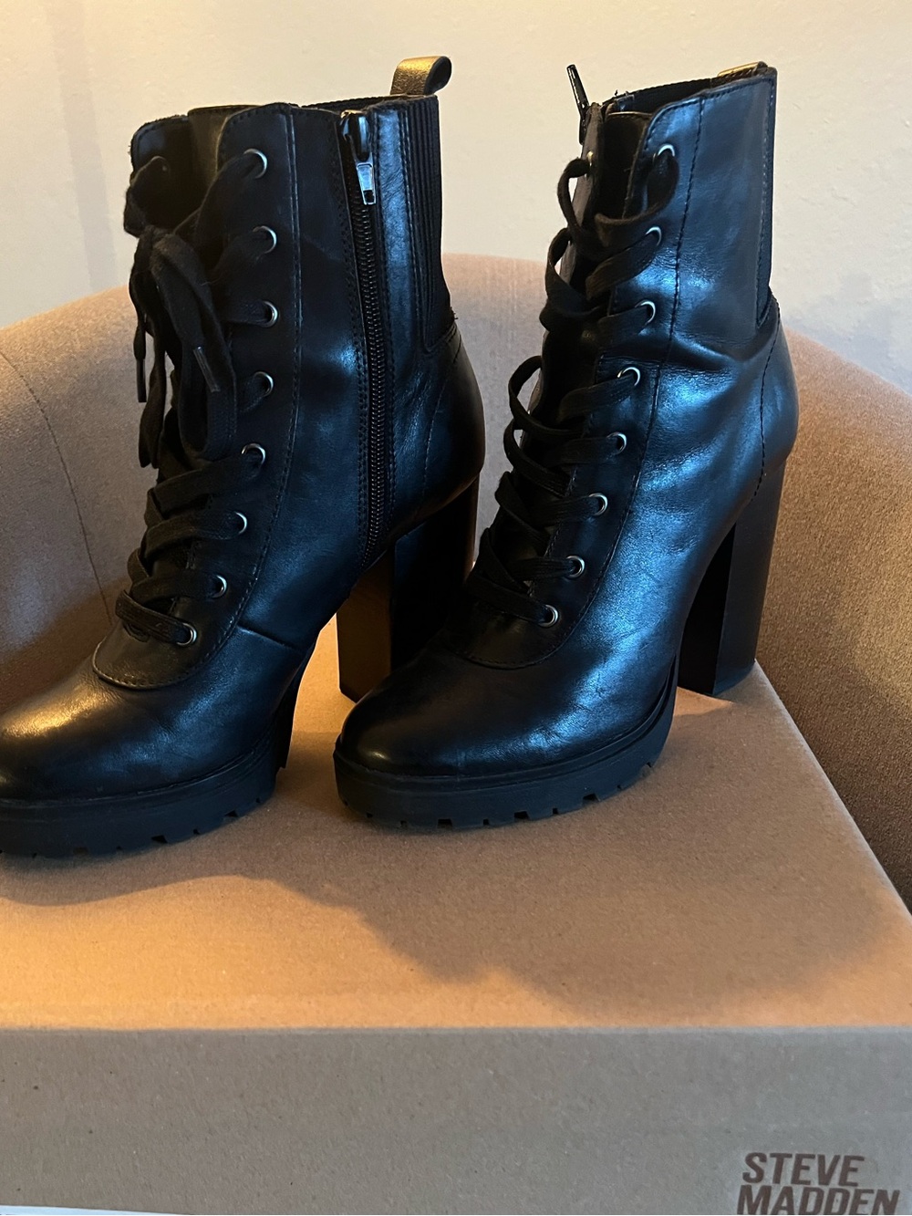 Steve Madden Black Lace-Up Platform Ankle Boots